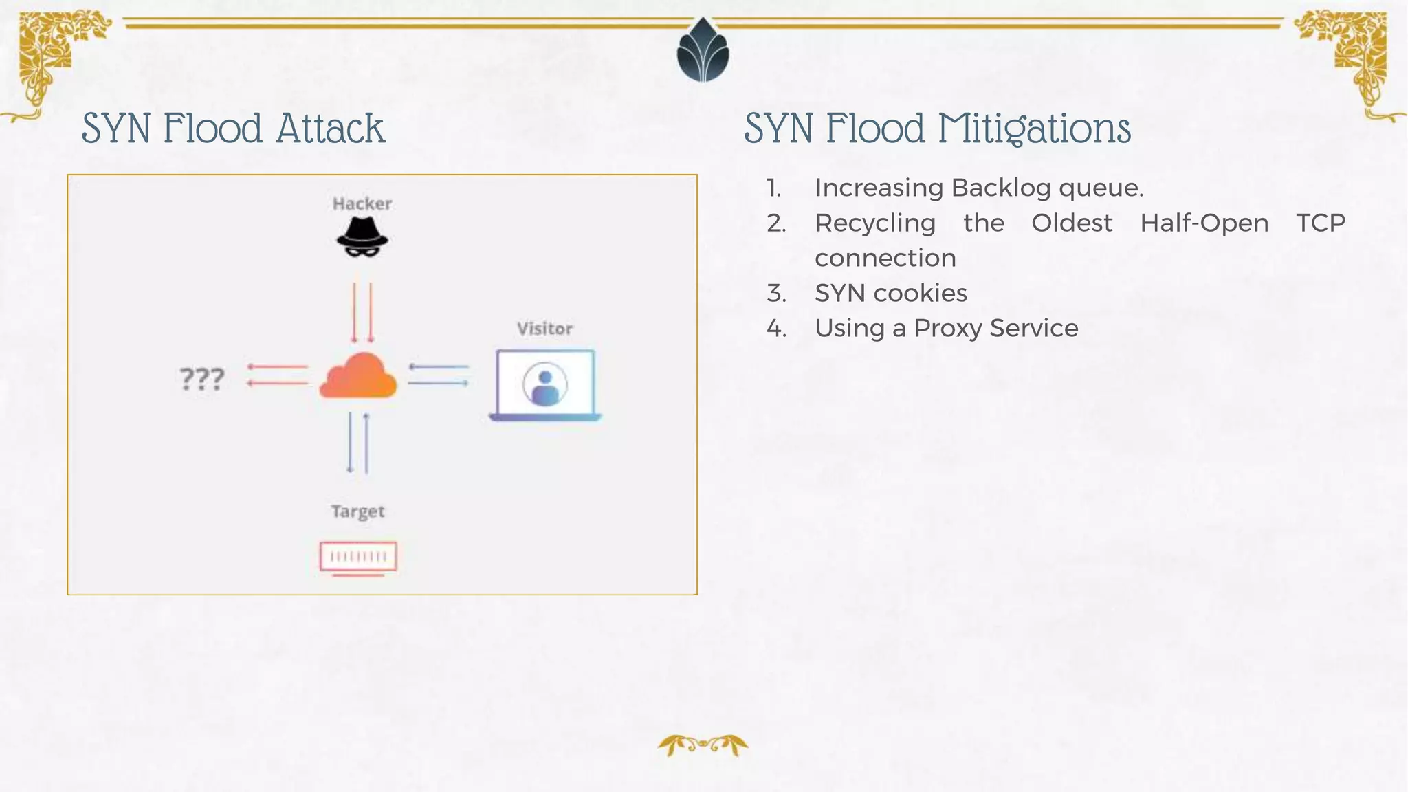 1. Increasing Backlog queue.
2. Recycling the Oldest Half-Open TCP
connection
3. SYN cookies
4. Using a Proxy Service
SYN Flood MitigationsSYN Flood Attack
 