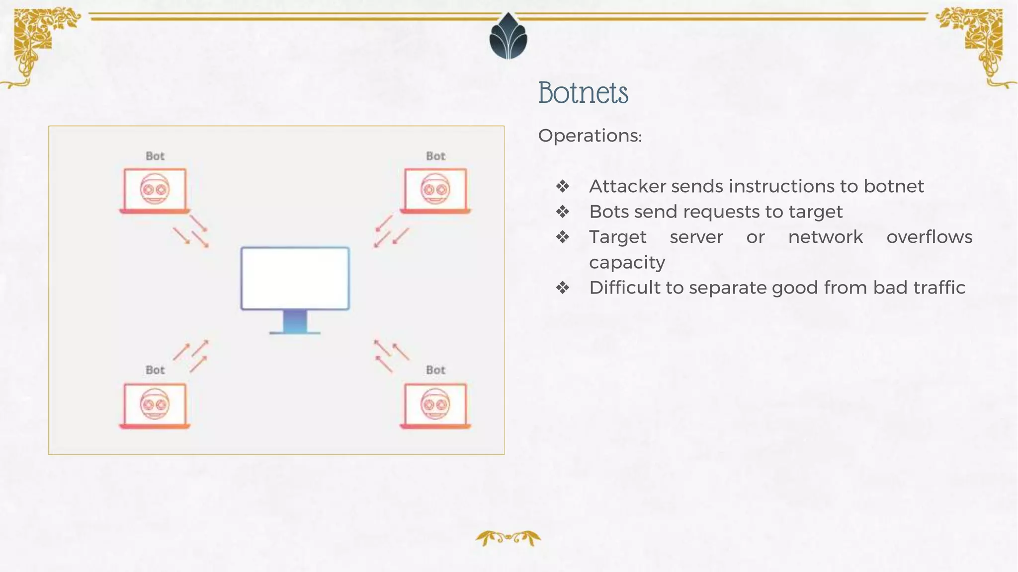 Operations:
❖ Attacker sends instructions to botnet
❖ Bots send requests to target
❖ Target server or network overflows
capacity
❖ Difficult to separate good from bad traffic
Botnets
 