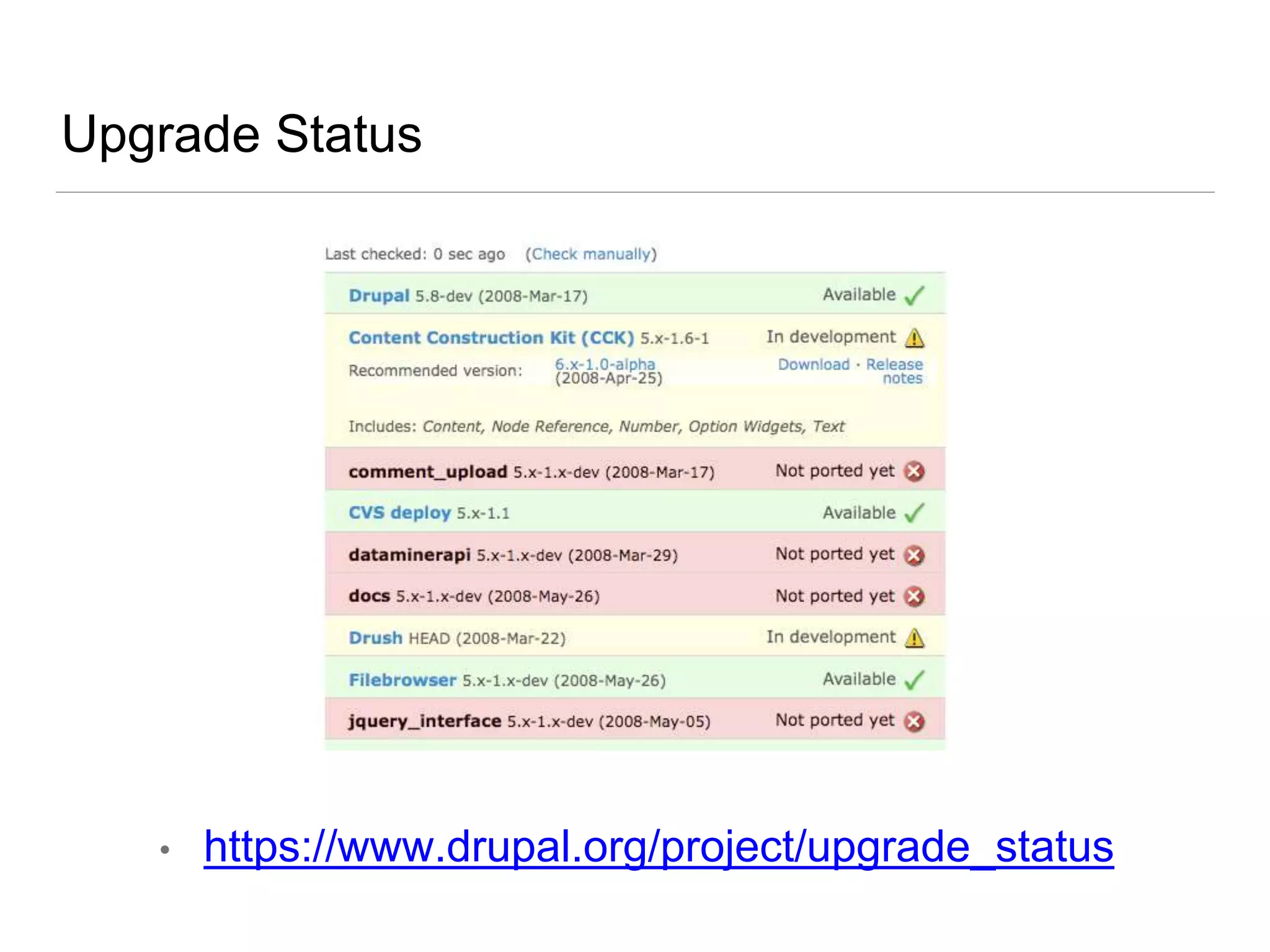 Upgrade Status
• https://www.drupal.org/project/upgrade_status
 