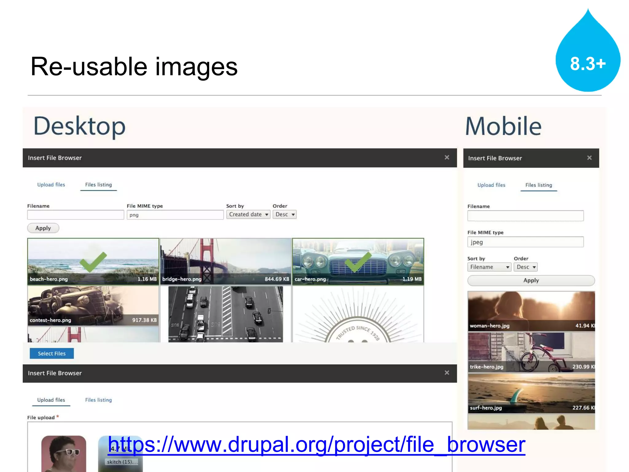 Re-usable images 8.3+
https://www.drupal.org/project/file_browser
 