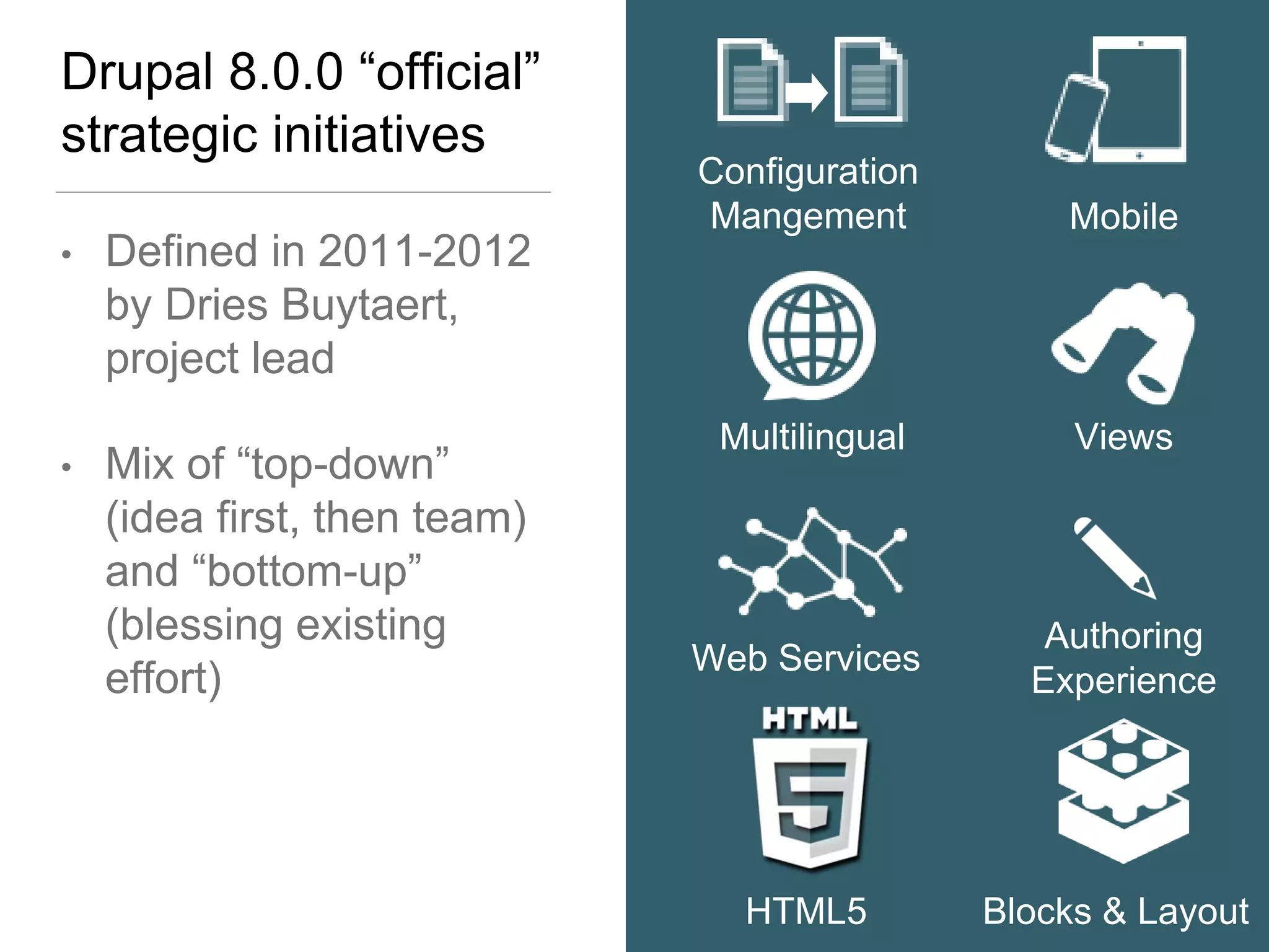 Drupal 8.0.0 “official”
strategic initiatives
• Defined in 2011-2012
by Dries Buytaert,
project lead
• Mix of “top-down”
(idea first, then team)
and “bottom-up”
(blessing existing
effort)
Configuration
Mangement Mobile
Multilingual Views
Web Services
Authoring
Experience
HTML5 Blocks & Layout
 