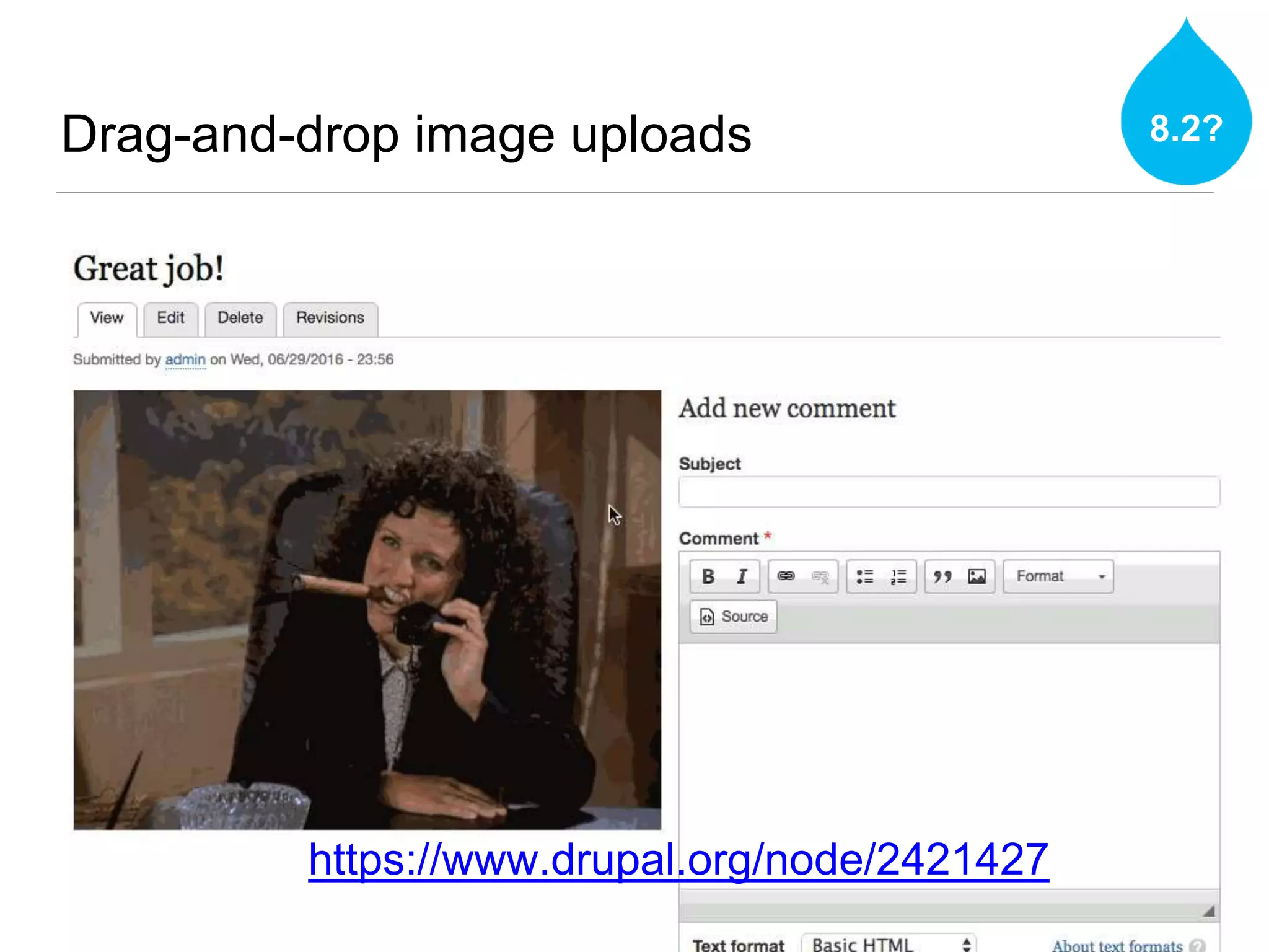 Drag-and-drop image uploads 8.2?
https://www.drupal.org/node/2421427
 