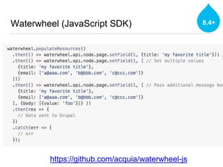 Waterwheel (JavaScript SDK) 8.4+
https://github.com/acquia/waterwheel-js
 