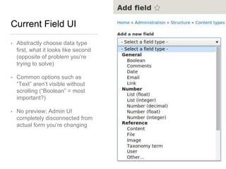 Current Field UI
• Abstractly choose data type
first, what it looks like second
(opposite of problem you’re
trying to solve)
• Common options such as
“Text” aren’t visible without
scrolling (“Boolean” = most
important?)
• No preview; Admin UI
completely disconnected from
actual form you’re changing
 