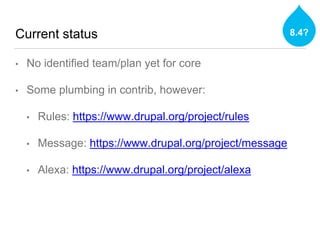 Current status
• No identified team/plan yet for core
• Some plumbing in contrib, however:
• Rules: https://www.drupal.org/project/rules
• Message: https://www.drupal.org/project/message
• Alexa: https://www.drupal.org/project/alexa
8.4?
 