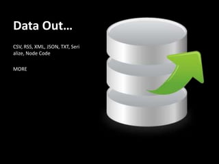 Data Out…
CSV, RSS, XML, JSON, TXT, Seri
alize, Node Code

MORE
 