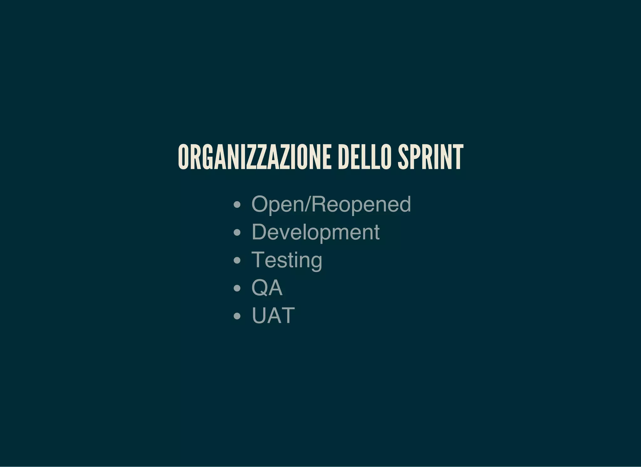 ORGANIZZAZIONE DELLO SPRINT
Open/Reopened
Development
Testing
QA
UAT
 