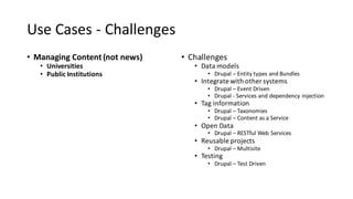 Use	Cases	- Challenges
• Managing	Content	(not	news)
• Universities
• Public	Institutions
• Challenges
• Data	models
• Drupal	– Entity	types	and	Bundles
• Integrate	with	other	systems
• Drupal	– Event	Driven
• Drupal	- Services	and	dependency	injection
• Tag	information
• Drupal	– Taxonomies
• Drupal	– Content	as	a	Service
• Open	Data
• Drupal	– RESTful Web	Services
• Reusable	projects
• Drupal	– Multisite
• Testing
• Drupal	– Test	Driven
 