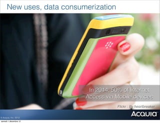 New uses, data consumerization




                            In 2014, 50% of Internet
                           Access via Mobile devices
                                     §   Flickr : By heαrtbreaker

© Acquia, Inc. 2012.
samedi 1 décembre 12
 