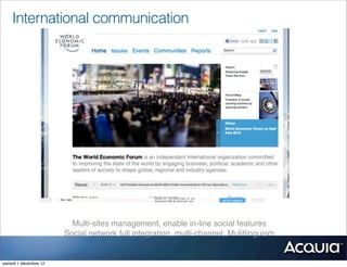 International communication




                         Multi-sites management, enable in-line social features
                       Social network full integration, multi-channel, Mulitlinguism


samedi 1 décembre 12
 
