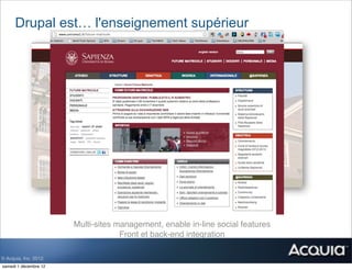 Drupal est… l'enseignement supérieur




                       Multi-sites management, enable in-line social features
                                    Front et back-end integration

© Acquia, Inc. 2012.
samedi 1 décembre 12
 