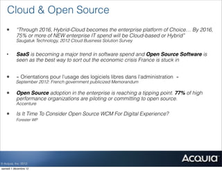Cloud & Open Source
    •      “Through 2016, Hybrid-Cloud becomes the enterprise platform of Choice… By 2016,
           75% or more of NEW enterprise IT spend will be Cloud-based or Hybrid”
           Saugatuk Technology, 2012 Cloud Business Solution Survey


    •      SaaS is becoming a major trend in software spend and Open Source Software is
           seen as the best way to sort out the economic crisis France is stuck in


    •      « Orientations pour l'usage des logiciels libres dans l'administration  »
           September 2012: French government publicized Memorandum

    •      Open Source adoption in the enterprise is reaching a tipping point. 77% of high
           performance organizations are piloting or committing to open source.
           Accenture

    •      Is It Time To Consider Open Source WCM For Digital Experience?
           Forester WP




© Acquia, Inc. 2012.
samedi 1 décembre 12
 