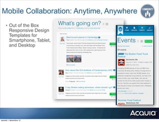 Mobile Collaboration: Anytime, Anywhere
    • Out of the Box
        Responsive Design
        Templates for
        Smartphone, Tablet,
        and Desktop




samedi 1 décembre 12
 