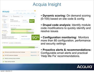 Acquia Insight

                          • Dynamic scoring: On demand scoring
                          (0-100) based on site code & config

                          • Drupal code analysis: Identify module
                          code modifications to quickly identify and
                          resolve issues

                          • Configuration monitoring: Monitors
                          more than 80 configuration, performance
                          and security settings

                          • Proactive alerts & recommendations:
                          Configurable email alerts and practical
                          ‘Help Me Fix’ recommendations.




samedi 1 décembre 12
 