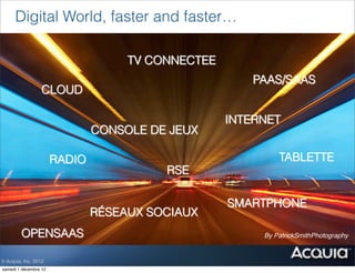 Digital World, faster and faster…




                                          By PatrickSmithPhotography


© Acquia, Inc. 2012.
samedi 1 décembre 12
 