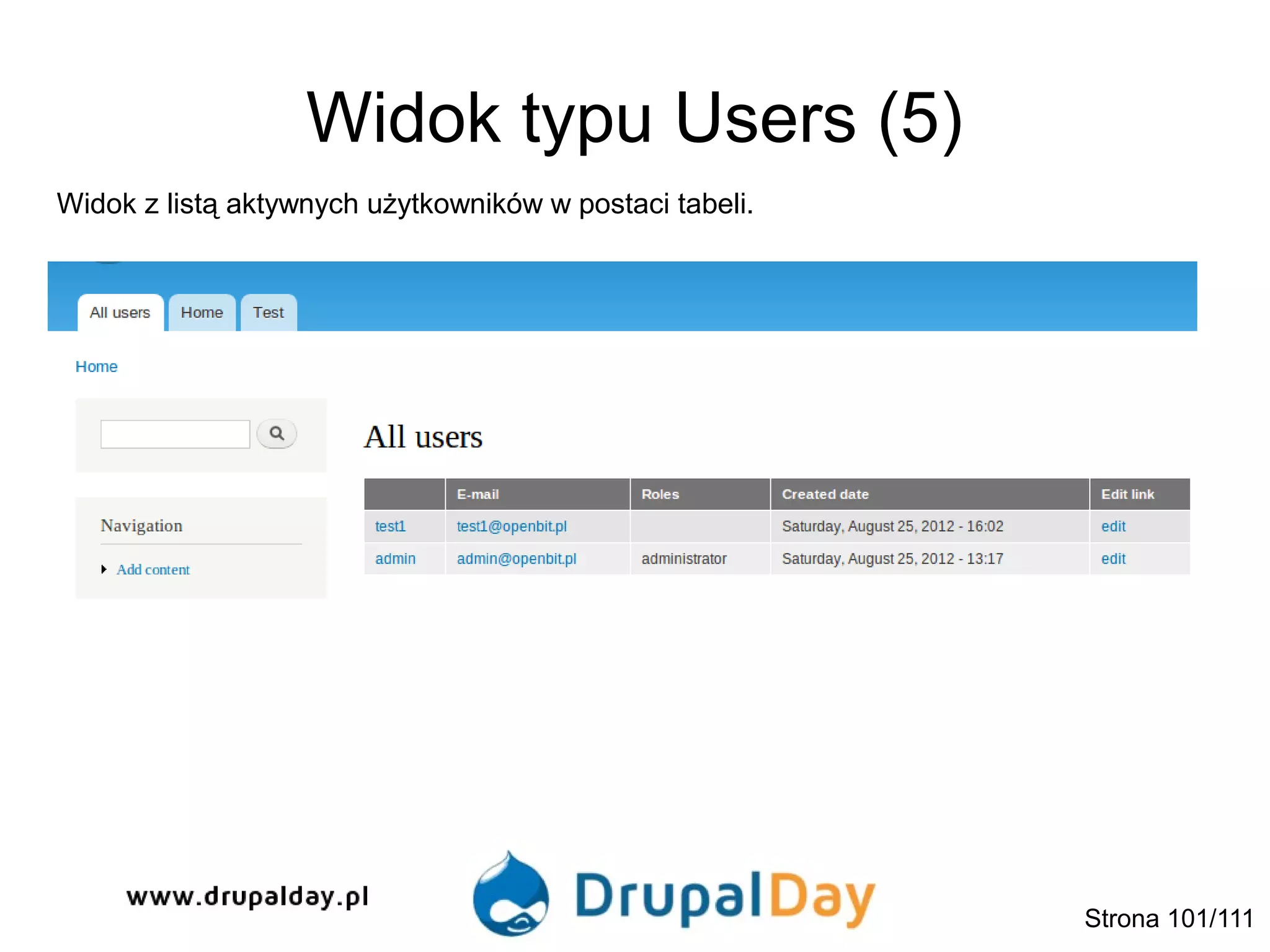 Widok typu Users (5)
Widok z listą aktywnych użytkowników w postaci tabeli.
Strona 101/111
 