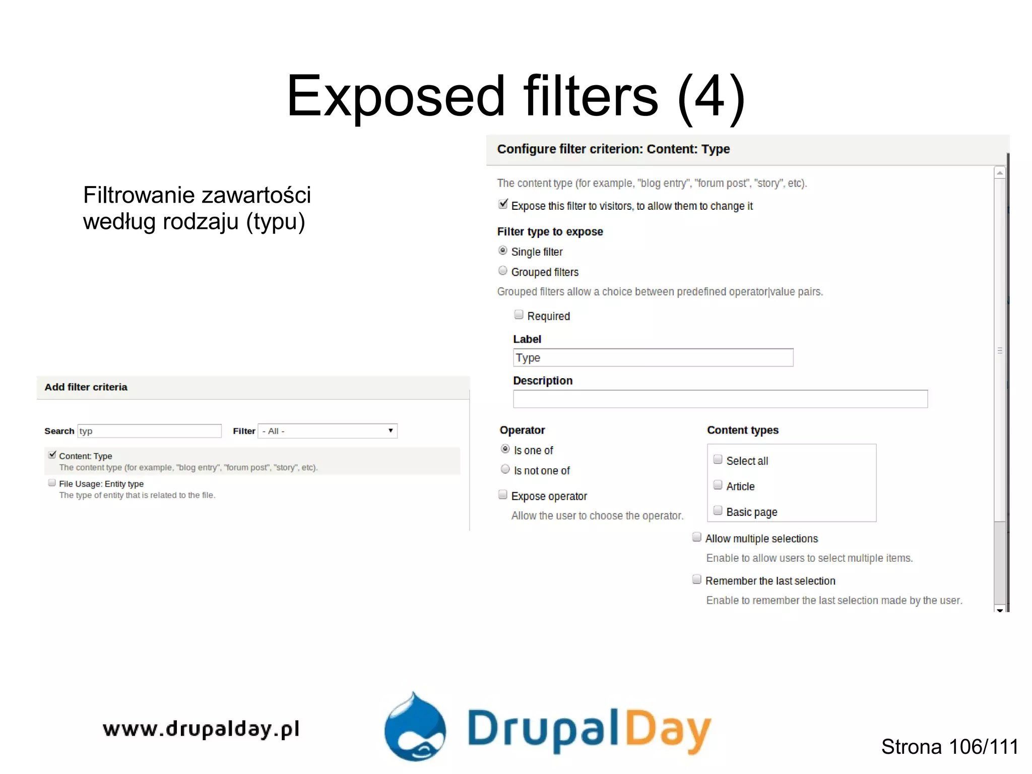 Exposed filters (4)
Filtrowanie zawartości
według rodzaju (typu)
Strona 106/111
 