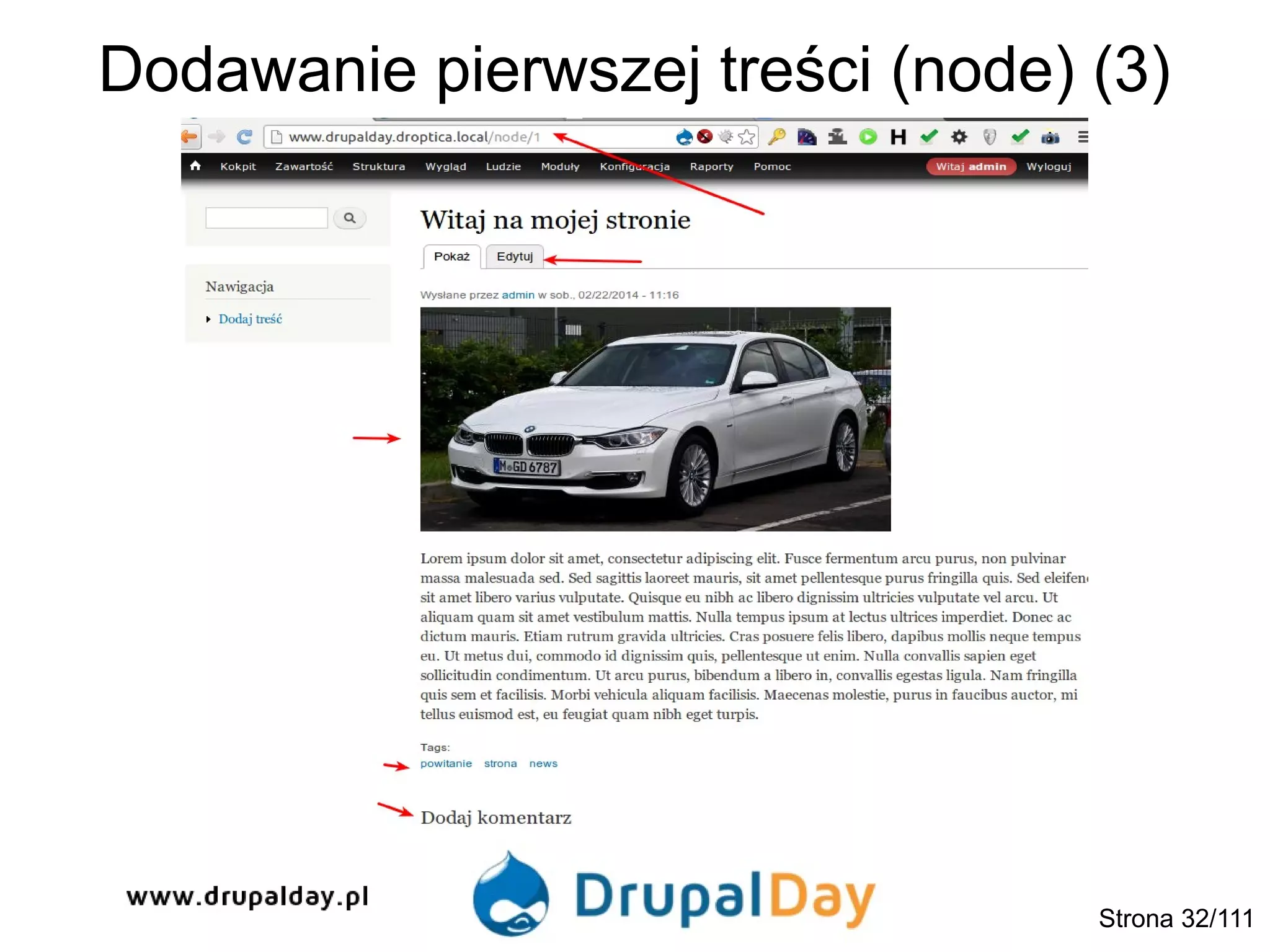 Dodawanie pierwszej treści (node) (3)
Strona 32/111
 