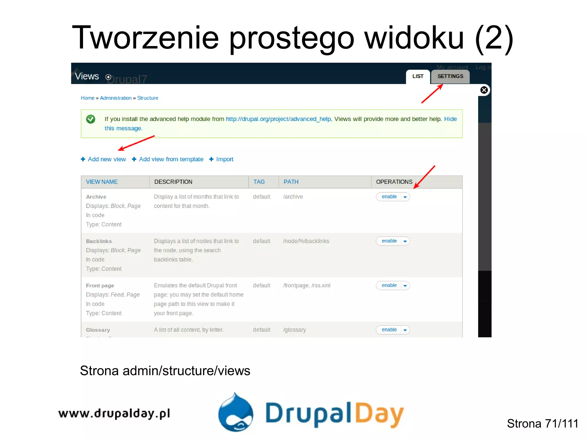 Tworzenie prostego widoku (2)
Strona admin/structure/views
Strona 71/111
 