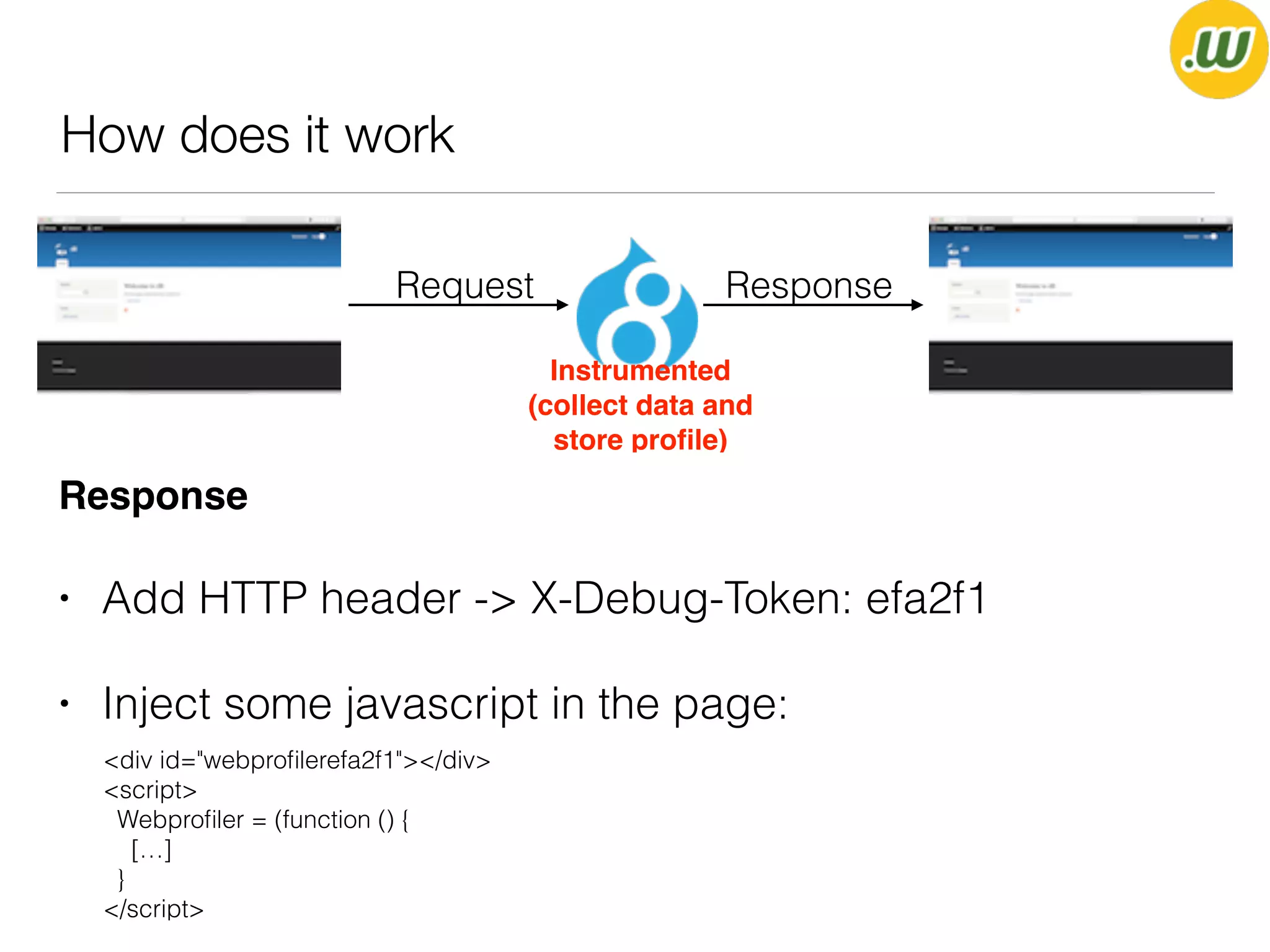 How does it work
Instrumented
(collect data and
store proﬁle)
Request Response
<div id="webproﬁlerefa2f1"></div>
<script>
Webproﬁler = (function () {
[…]
}
</script>
Response
• Add HTTP header -> X-Debug-Token: efa2f1
• Inject some javascript in the page:
 