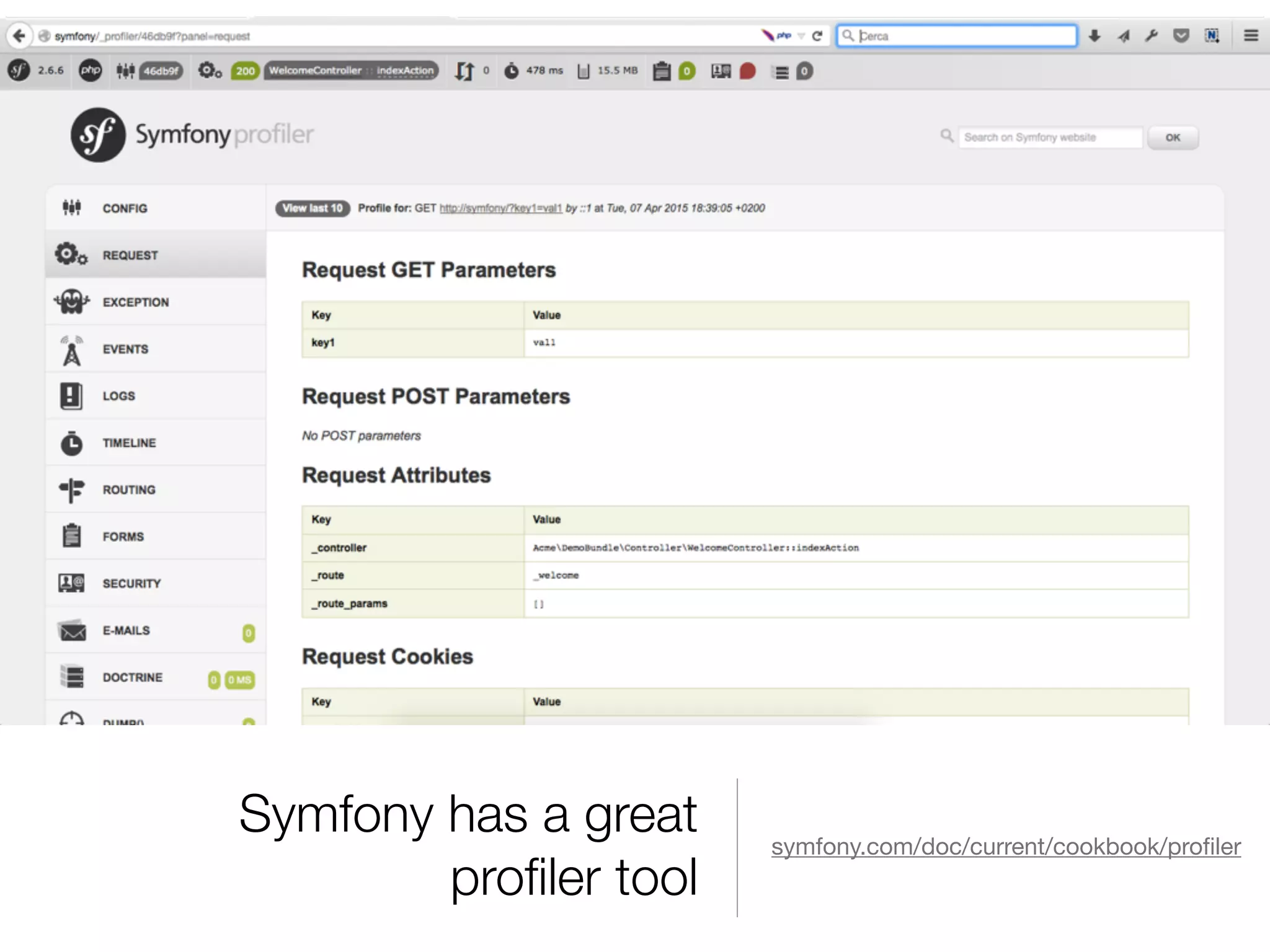Symfony has a great
proﬁler tool
symfony.com/doc/current/cookbook/proﬁler
 