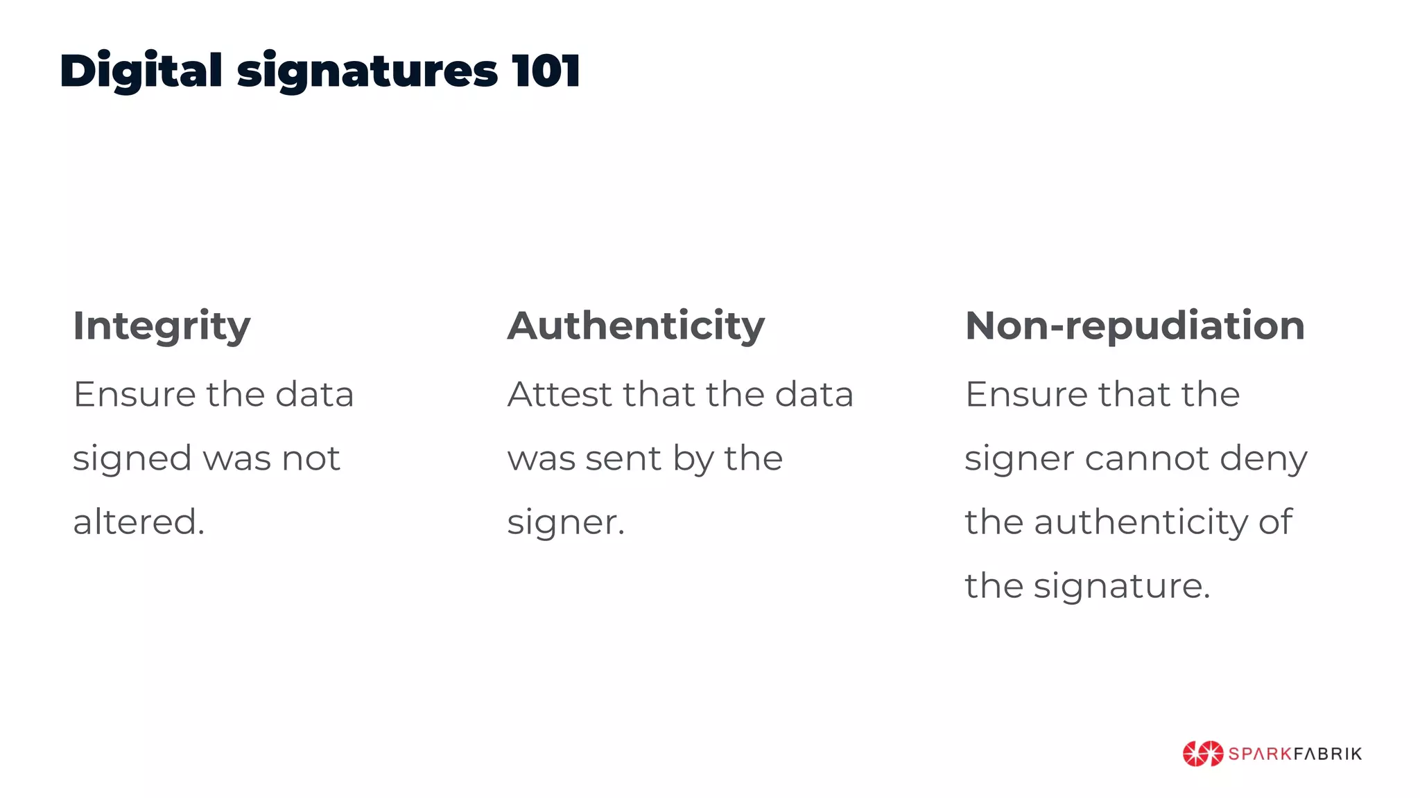Digital signatures 101
Integrity
Ensure the data
signed was not
altered.
Authenticity
Attest that the data
was sent by the
signer.
Non-repudiation
Ensure that the
signer cannot deny
the authenticity of
the signature.
 