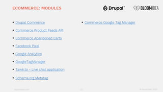 bloomidea.com
ECOMMERCE: MODULES
§ Drupal Commerce
§ Commerce Product Feeds API
§ Commerce Abandoned Carts
§ Facebook Pixel
§ Google Analytics
§ GoogleTagManager
§ Tawk.to - Live chat application
§ Schema.org Metatag
§ Commerce Google Tag Manager
23 18 November 2020
 
