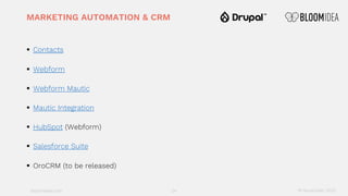 bloomidea.com
MARKETING AUTOMATION & CRM
§ Contacts
§ Webform
§ Webform Mautic
§ Mautic Integration
§ HubSpot (Webform)
§ Salesforce Suite
§ OroCRM (to be released)
24 18 November 2020
 