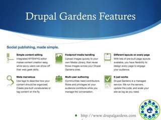 Drupal Gardens Features http://www.drupalgardens.com/ 