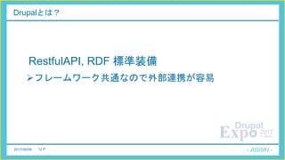 2017/06/08 12 P
Drupalとは？
RestfulAPI, RDF 標準装備
フレームワーク共通なので外部連携が容易
 