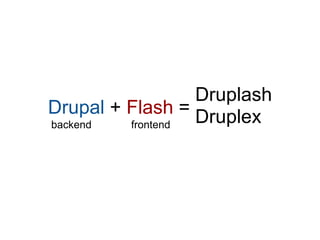 Druplash
Drupal + Flash = Druplex
backend  frontend
 