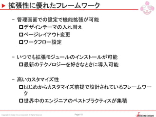 Copyright (C) Digital Circus Corporation All Rights Reserved Page 15
拡張性に優れたフレームワーク
– 管理画面での設定で機能拡張が可能
デザインテーマの入れ替え
ページレイアウト変更
ワークフロー設定
– いつでも拡張モジュールのインストールが可能
最新のテクノロジーを好きなときに導入可能
– 高いカスタマイズ性
はじめからカスタマイズ前提で設計されているフレームワー
ク
世界中のエンジニアのベストプラクティスが集積
 