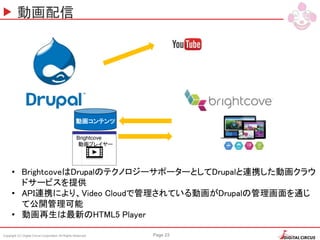Copyright (C) Digital Circus Corporation All Rights Reserved Page 23
動画配信
• BrightcoveはDrupalのテクノロジーサポーターとしてDrupalと連携した動画クラウ
ドサービスを提供
• API連携により、Video Cloudで管理されている動画がDrupalの管理画面を通じ
て公開管理可能
• 動画再生は最新のHTML5 Player
動画コンテンツ
Brightcove
動画プレイヤー
 
