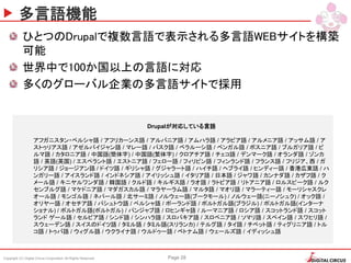 Copyright (C) Digital Circus Corporation All Rights Reserved Page 28
多言語機能
ひとつのDrupalで複数言語で表示される多言語WEBサイトを構築
可能
世界中で100か国以上の言語に対応
多くのグローバル企業の多言語サイトで採用
Drupalが対応している言語
アフガニスタン・ペルシャ語 / アフリカーンス語 / アルバニア語 / アムハラ語 / アラビア語 / アルメニア語 / アッサム語 / ア
ストゥリアス語 / アゼルバイジャン語 / マレー語 / バスク語 / ベラルーシ語 / ベンガル語 / ボスニア語 / ブルガリア語 / ビ
ルマ語 / カタロニア語 / 中国語(簡体字) / 中国語(繁体字) / クロアチア語 / チェコ語 / デンマーク語 / オランダ語 / ゾンカ
語 / 英語(英国) / エスペラント語 / エストニア語 / フェロー語 / フィリピン語 / フィンランド語 / フランス語 / フリジア、西 / ガ
リシア語 / ジョージアン語 / ドイツ語 / ギリシャ語 / グジャラート語 / ハイチ語 / ヘブライ語 / ヒンディー語 / 香港広東語 / ハ
ンガリー語 / アイスランド語 / インドネシア語 / アイリッシュ語 / イタリア語 / 日本語 / ジャワ語 / カンナダ語 / カザフ語 / ク
メール語 / キニヤルワンダ語 / 韓国語 / クルド語 / キルギス語 / ラオ語 / ラトビア語 / リトアニア語 / ロルスピーク語 / ルク
センブルグ語 / マケドニア語 / マダガスカル語 / マラヤーラム語 / マルタ語 / マオリ語 / マラーティー語 / モーリシャスクレ
オール語 / モンゴル語 / ネパール語 / 北サーミ語 / ノルウェー語(ブークモール) / ノルウェー語(ニーノシュク) / オック語 /
オリヤー語 / オセチア語 / パシュトウ語 / ペルシャ語 / ポーランド語 / ポルトガル語(ブラジル) / ポルトガル語(インターナ
ショナル) / ポルトガル語(ポルトガル) / パンジャブ語 / ロヒンギャ語 / ルーマニア語 / ロシア語 / スコットランド語 / スコット
ランド ゲール語 / セルビア語 / シンド語 / シンハラ語 / スロバキア語 / スロベニア語 / ソマリ語 / スペイン語 / スワヒリ語 /
スウェーデン語 / スイスのドイツ語 / タミル語 / タミル語(スリランカ) / テルグ語 / タイ語 / チベット語 / ティグリニア語 / トル
コ語 / トゥバ語 / ウィグル語 / ウクライナ語 / ウルドゥー語 / ベトナム語 / ウェールズ語 / イディッシュ語
 
