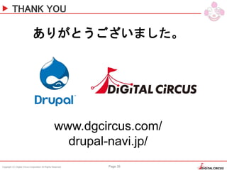 Copyright (C) Digital Circus Corporation All Rights Reserved Page 35
THANK YOU
ありがとうございました。
www.dgcircus.com/
drupal-navi.jp/
 