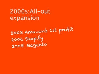 2000s:All-out
expansion

       Amazon’s 1s t profit
20 03
20 0 6 Shopify
20 08   Magento
 