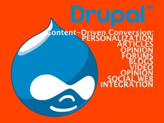 Content-Driven Conversion:
        PERSONALIZATION
                 ARTICLES
                  OPINION
                  FORUMS
                    BLOGS
                    VIDEO
                  OPINION
               SOCIAL WEB
             INTEGRATION
 