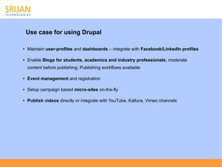 Use case for using Drupal

●   Maintain user-profiles and dashboards – integrate with Facebook/LinkedIn profiles

●   Enable Blogs for students, academics and industry professionals; moderate
    content before publishing; Publishing workflows available

●   Event management and registration

●   Setup campaign based micro-sites on-the-fly

●   Publish videos directly or integrate with YouTube, Kaltura, Vimeo channels
 