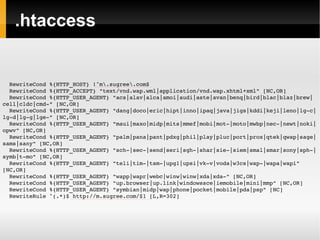 .htaccess RewriteCond %{HTTP_HOST} !^m\.sugree\.com$ RewriteCond %{HTTP_ACCEPT} "text/vnd.wap.wml|application/vnd.wap.xhtml+xml" [NC,OR] RewriteCond %{HTTP_USER_AGENT} "acs|alav|alca|amoi|audi|aste|avan|benq|bird|blac|blaz|brew|cell|cldc|cmd-" [NC,OR] RewriteCond %{HTTP_USER_AGENT} "dang|doco|eric|hipt|inno|ipaq|java|jigs|kddi|keji|leno|lg-c|lg-d|lg-g|lge-" [NC,OR] RewriteCond %{HTTP_USER_AGENT} "maui|maxo|midp|mits|mmef|mobi|mot-|moto|mwbp|nec-|newt|noki|opwv" [NC,OR] RewriteCond %{HTTP_USER_AGENT} "palm|pana|pant|pdxg|phil|play|pluc|port|prox|qtek|qwap|sage|sams|sany" [NC,OR] RewriteCond %{HTTP_USER_AGENT} "sch-|sec-|send|seri|sgh-|shar|sie-|siem|smal|smar|sony|sph-|symb|t-mo" [NC,OR] RewriteCond %{HTTP_USER_AGENT} "teli|tim-|tsm-|upg1|upsi|vk-v|voda|w3cs|wap-|wapa|wapi" [NC,OR] RewriteCond %{HTTP_USER_AGENT} "wapp|wapr|webc|winw|winw|xda|xda-" [NC,OR] RewriteCond %{HTTP_USER_AGENT} "up.browser|up.link|windowssce|iemobile|mini|mmp" [NC,OR] RewriteCond %{HTTP_USER_AGENT} "symbian|midp|wap|phone|pocket|mobile|pda|psp" [NC] RewriteRule ^(.*)$ http://m.sugree.com/$1 [L,R=302] 