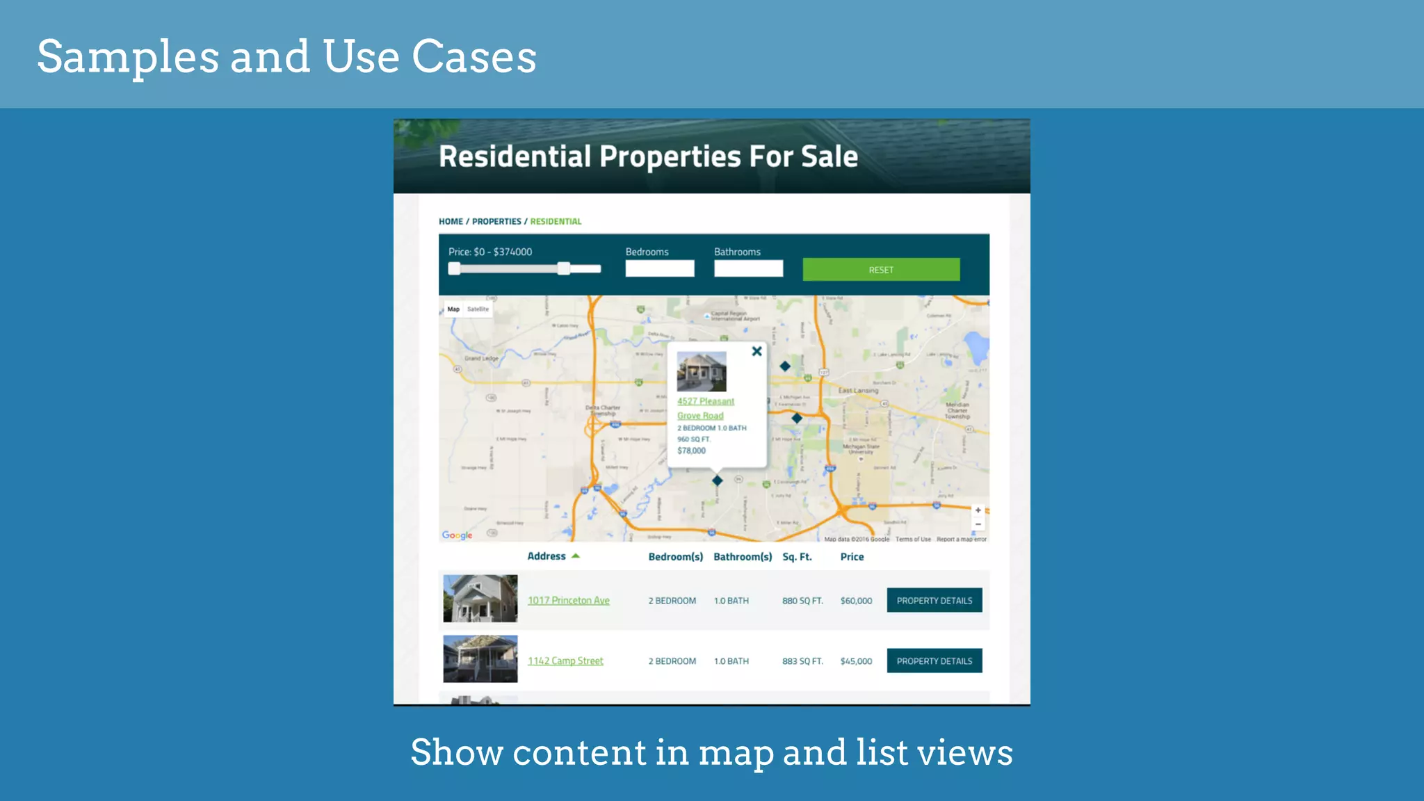 Samples and Use Cases
Show content in map and list views
 