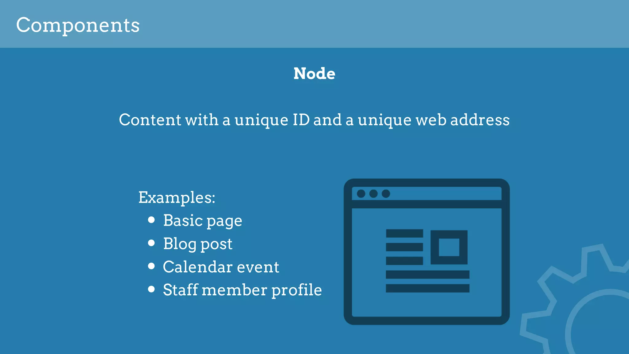 Components
Node
Content with a unique ID and a unique web address 
Examples:
• Basic page
• Blog post
• Calendar event
• Staff member profile
 