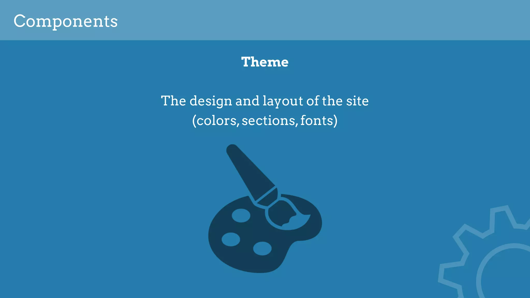 Components
Theme
The design and layout of the site 
(colors,sections,fonts)
 