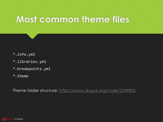 Most common theme files
*.info.yml
*.libraries.yml
*.breakpoints.yml
*.theme
Theme folder structure: https://www.drupal.org/node/2349803
 