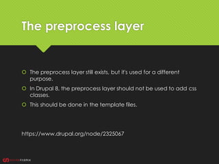 The preprocess layer
 The preprocess layer still exists, but it's used for a different
purpose.
 In Drupal 8, the preprocess layer should not be used to add css
classes.
 This should be done in the template files.
https://www.drupal.org/node/2325067
 