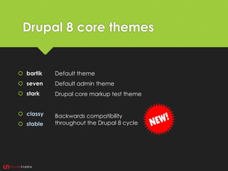 Drupal 8 core themes
 bartik
 seven
 stark
 classy
 stable
Backwards compatibility
throughout the Drupal 8 cycle
Default admin theme
Default theme
Drupal core markup test theme
 