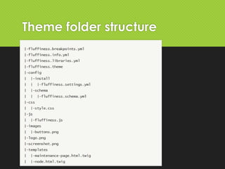 Most common theme files
*.info.yml
*.libraries.yml
*.breakpoints.yml
*.theme
Theme folder structure: https://www.drupal.or...
