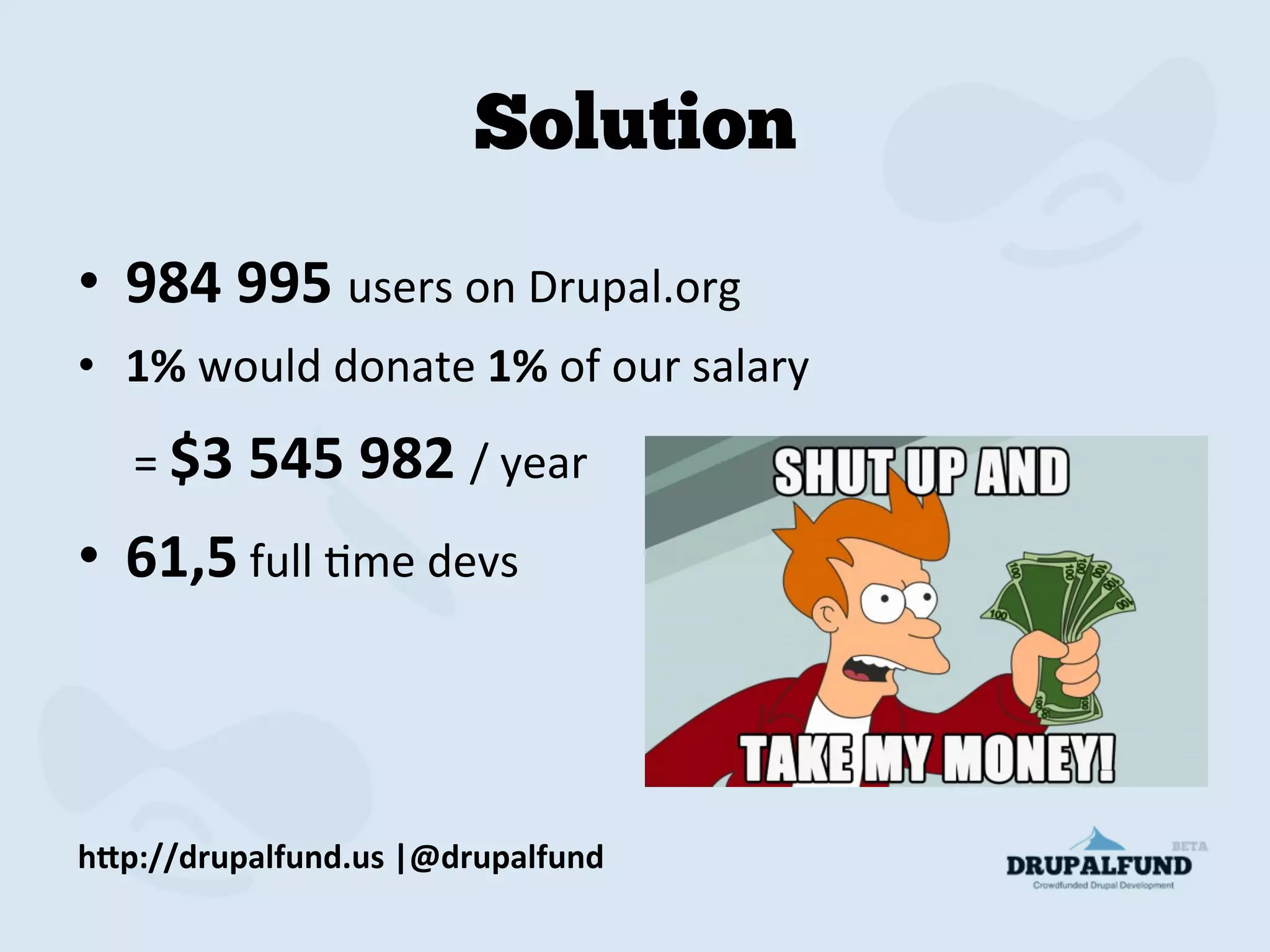 Solution
•  984	
  995	
  users	
  on	
  Drupal.org	
  
•  1%	
  would	
  donate	
  1%	
  of	
  our	
  salary	
  	
  	
  
	
  	
  	
  	
  	
  =	
  $3	
  545	
  982	
  /	
  year	
  
•  61,5	
  full	
  Mme	
  devs	
  
h"p://drupalfund.us	
  |@drupalfund	
  
 
