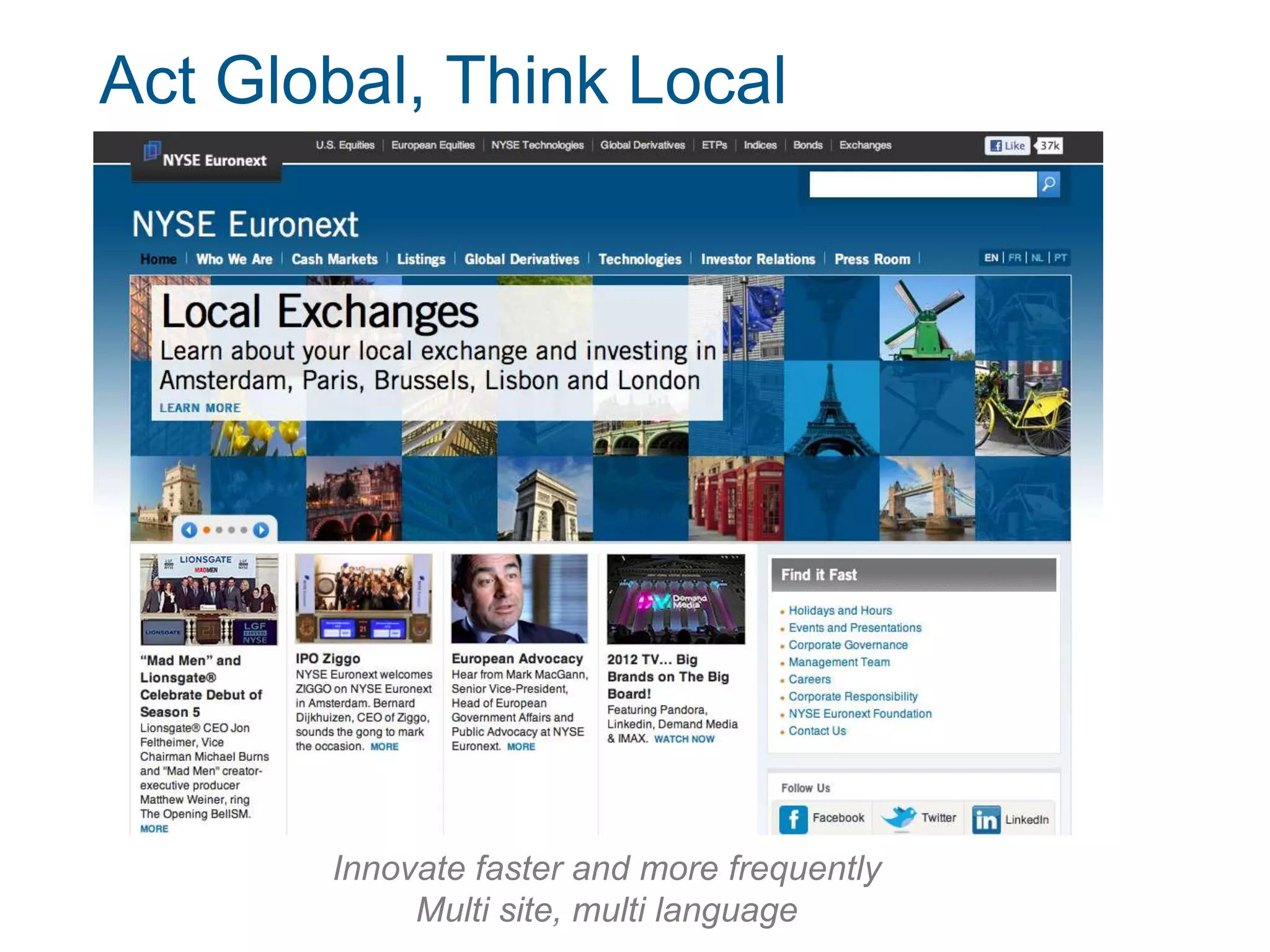 Act Global, Think Local




       Innovate faster and more frequently
            Multi site, multi language
 
