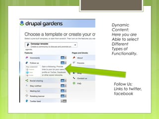 Dynamic
Content:
Here you are
Able to select
Different
Types of
Functionality.
Follow Us:
Links to twitter,
facebook
 