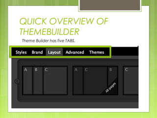 QUICK OVERVIEW OF
THEMEBUILDER
Theme Builder has five TABS.
 